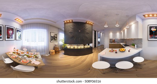 3d illustration spherical 360 degrees, seamless panorama of kitchen and dining room Halloween interior design. The kitchen and dining room in a modren style with fireplace and decorated for Halloween