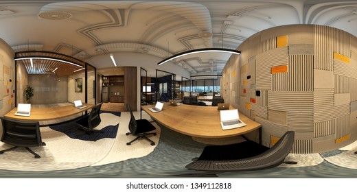 3d Illustration Spherical 360 Vr Degrees, A Seamless Panorama Of The Room And Office Interior Design (3D Rendering)