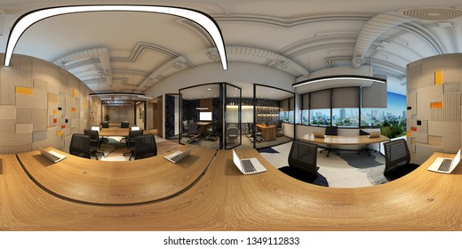 3d Illustration Spherical 360 Vr Degrees, A Seamless Panorama Of The Room And Office Interior Design (3D Rendering)