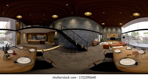 3d Illustration Spherical 360 Vr Degrees, A Seamless Panorama Of The Room And Apartment . Interior Design 3D Rendering.reception In A Modern Panoramic House.