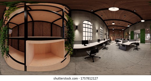 3d illustration spherical 360 vr degrees, a seamless panorama of the room and  office meeting room . interior design 3D rendering.reception in a modern panoramic office.