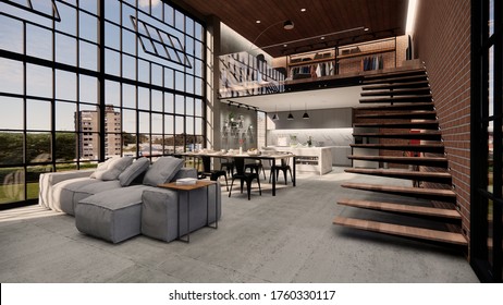 3d Illustration Spherical 360 Vr Degrees, A Seamless Panorama Of The Room And Apartment . Interior Design 3D Rendering.reception In A Modern Panoramic House.