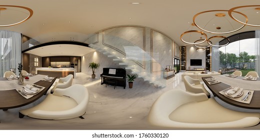 3d illustration spherical 360 vr degrees, a seamless panorama of the room and apartment . interior design 3D rendering.reception in a modern panoramic house.