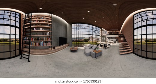 3d illustration spherical 360 vr degrees, a seamless panorama of the room and apartment . interior design 3D rendering.reception in a modern panoramic house.