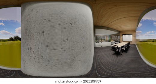 3d Illustration Spherical 360 Vr Degrees, A Seamless Panorama Of The Room And  Office Meeting Room . Interior Design 3D Rendering.reception In A Modern Panoramic Office.