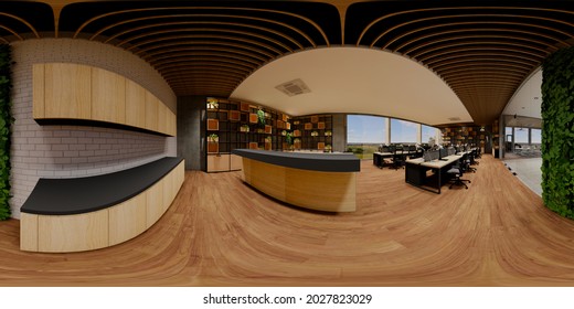 3d Illustration Spherical 360 Vr Degrees, A Seamless Panorama Of The Room And  Office Meeting Room . Interior Design 3D Rendering.reception In A Modern Panoramic Office.