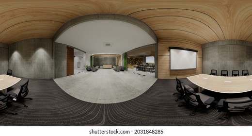 3d Illustration Spherical 360 Vr Degrees, A Seamless Panorama Of The Room And  Office Meeting Room . Interior Design 3D Rendering.reception In A Modern Panoramic Office.