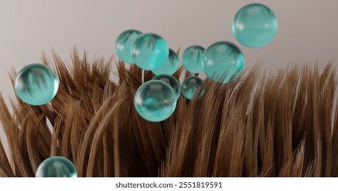 3D illustration of split ends of dark hair with soft drops of oil, balm and mask nourishing, restoring, smoothing and eliminating breakage