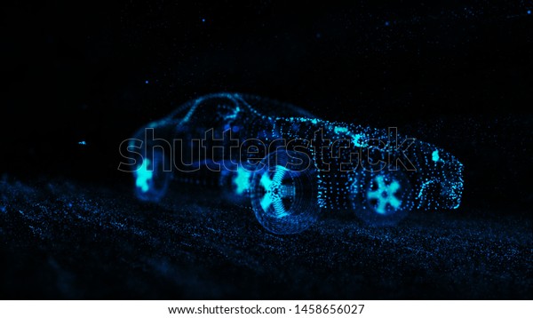 3D illustration of sport car wire model with\
blue neon ob black\
background