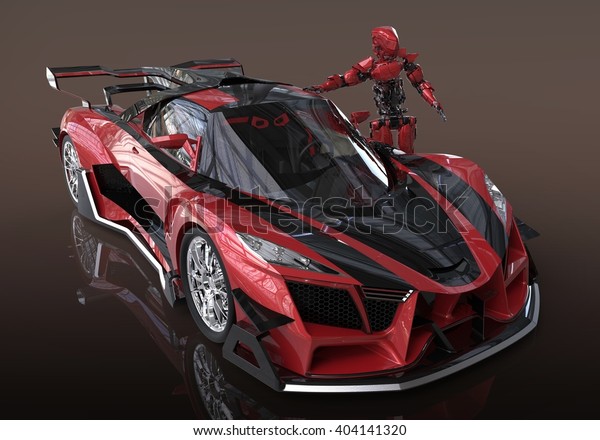 3d\
illustration of a sport concept car and\
cyborg