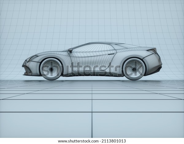 3D\
illustration of sports car blueprint concept made in 3D software.\
Concept image of prototype and aerodynamic\
tests.