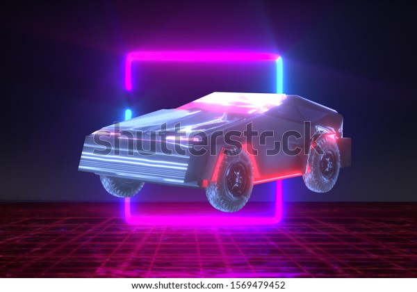 3D Illustration of a sports car future racing towards\
neon light 