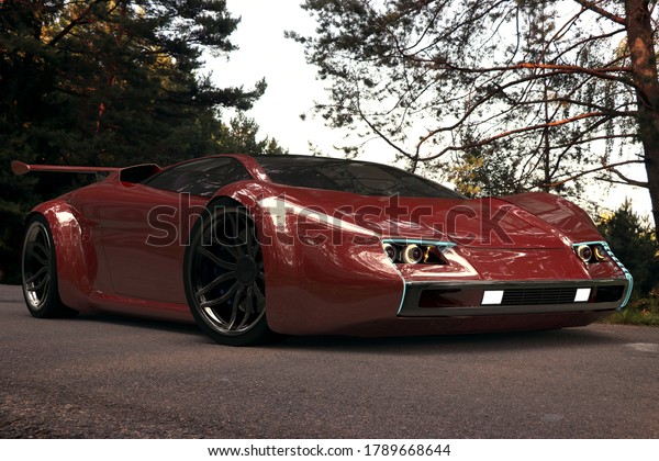 3D illustration. Sports car on a forest road.\
Possible concept of an electric car. Does not exist in reality, not\
a trademark