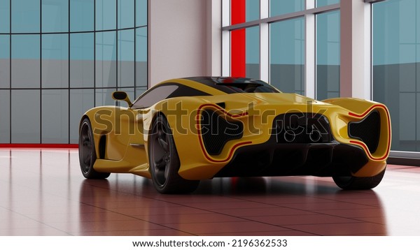 3D\
illustration of a sports car parked inside\
showroom