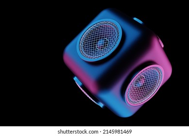 3d illustration of a square column with a musical speaker on a black isolated background. Audio system with speakers for concerts and parties