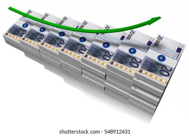3D illustration. Stack of banknotes with graphic symbol growing.