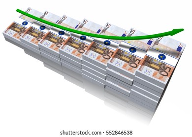 3D illustration. Stack of banknotes with graphic symbol growing.