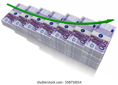 3D illustration. Stack of banknotes with graphic symbol growing.