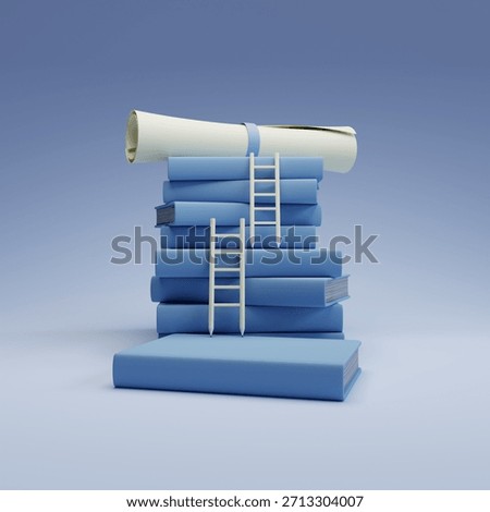 3D illustration of a stack of books with a certificate or diploma on top, supported by two ladders.