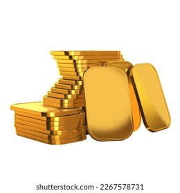3D illustration of a stack of fine gold bars from the front, top angle and perspective