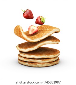 3d Illustration of Stack of pancakes with strawberries isolated white.