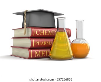 3D Illustration. Stack of textbooks and flasks. Image with clipping path