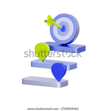 3D illustration of stacked steps with map pins and target dartboard for career path, milestone tracking, goal setting, professional journey, performance tracking, and corporate advancement.