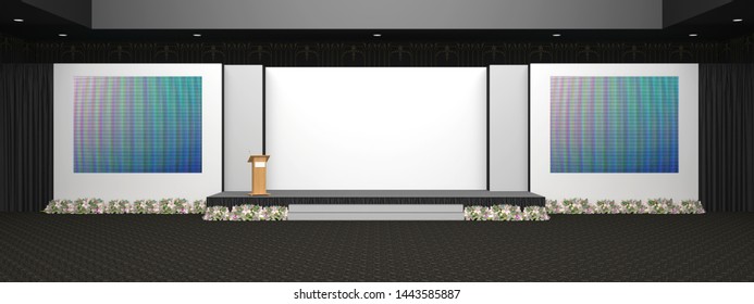 3d Illustration Stage Bacdrop Blank Covering Carpet With 2 LED Screen And Podium Speech Plants In The Ballroom. High Resolution Image For Opening Ceremony Exhibition.  