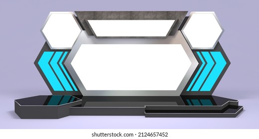 3d Illustration Stage Backdrop Digital Futuristic Technology Decoration With Blank Space LED TV Screen Content Logo Company For Virtual Studio Event Presentation Meeting. Image Background Isolated.