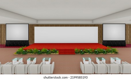 3d Illustration Stage Backdrop With Led Screen Projector Blank Space Logo Company Plants Decoration In Ballroom For Event Meeting Show Performance Presentation.