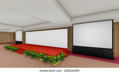 3d Illustration Stage Backdrop With Led Screen Projector Blank Space Logo Company Plants Decoration In Ballroom For Event Meeting Show Performance Presentation.