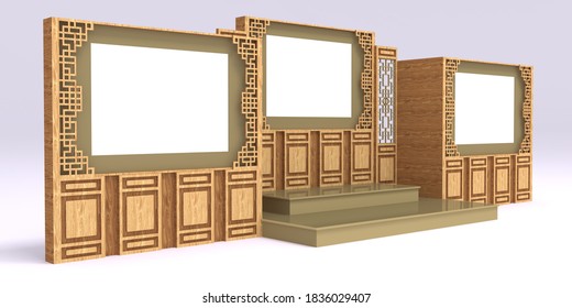 3d illustration stage backdrop panel chinese decoration wood texture cover LED screen blank for event exhibition. High resolution image isolated.