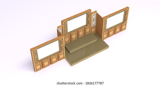 3d illustration stage backdrop panel chinese decoration wood texture cover LED screen blank for event exhibition. High resolution image isolated.
