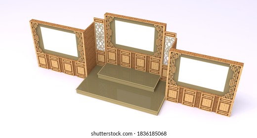 3d illustration stage backdrop panel chinese decoration wood texture cover LED screen blank for event exhibition. High resolution image isolated.