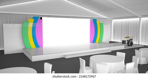 3d Illustration Stage Backdrop Presentation Performance LED TV Screen Blank Empty Logo Company With Round Table Inside Tent For Event.