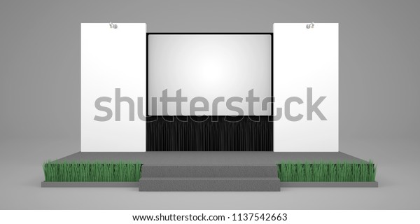 3dイラストのステージ背景にスクリーンプロジェクター付き 黒いカーテンと植物をカバーします 高解像度の画像 のイラスト素材