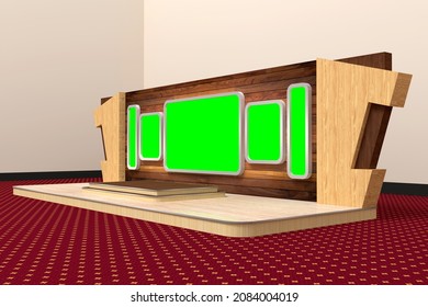 3d Illustration Stage Backdrop Virtual Background Blank LED TV Green Screen Logo Company With Wood Decoration Construction For Zoom Meeting Display Launching Product.