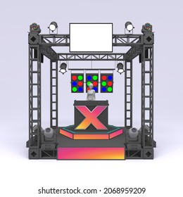 3d Illustration Stage DJ Disk Jockey With Blank LED Screen Logo Company And Lighting Spot Beam Rigging Truss System Construction Black For Event Party. Image Isolated.