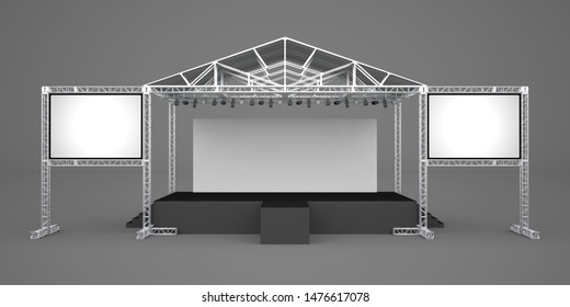 3d Illustration Stage Rigging Truss System With Blank Backdrop And 2 Screen Projector For Concert Performance. High Resolution Image Isolated.