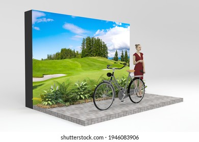 3d Illustration Stand Backdrop Photo Booth Nature Style With Bicycle Equipment For Event Exhibition. High Resolution Image Isolated.