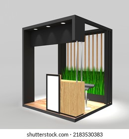 3d Illustration Stand Booth 2x2 M Wood Decoration Blank Fascia Name And Logo Corporate With Table Receptionist Desk For Event Exhibition. Image Background Isolated.