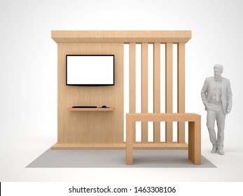 3d Illustration Stand Booth 3x2 M Backdrop Standing Display Monitor Screen Computer Wood Texture And Console Table Receptionist Flooring Gray Carpet For Information Product Expo. Image Isolated.