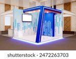 3d illustration stand booth 3x3 m digital futuristic technology decoration style lighted neon flex building with LED TV screen blank space logo company for event exhibition.