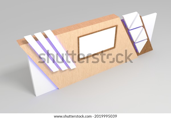 3d illustration stand booth backdrop LED TV\
screen blank space advertising presentation product logo company\
with wood texture decoration lighted for event exhibition. Image\
background isolated.