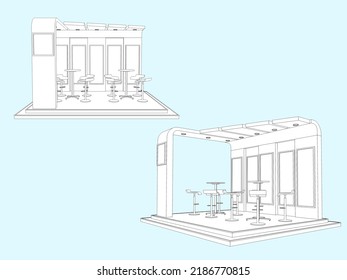 3d Illustration Stand Booth With Box Blank Space Logo Title Company Flooring And Barstool Table For Event Exhibition. Image Sketch Outline Drawing Coloring Background Isolated.