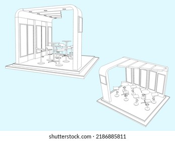 3d Illustration Stand Booth With Box Blank Space Logo Title Company Flooring And Barstool Table For Event Exhibition. Image Sketch Outline Drawing Coloring Background Isolated.