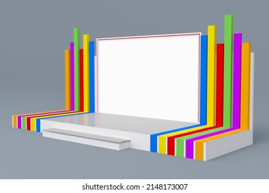 3d Illustration Stand Booth Colorful Wing With Blank LED TV Screen Logo Company For Virtual Studio Event. Image Background Isolated.