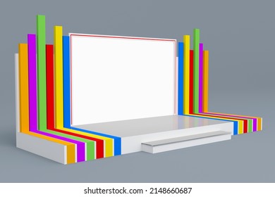 3d Illustration Stand Booth Colorful Wing With Blank LED TV Screen Logo Company For Virtual Studio Event. Image Background Isolated.