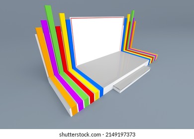 3d Illustration Stand Booth Colorful Wing With Blank LED TV Screen Logo Company For Virtual Studio Event. Image Background Isolated.