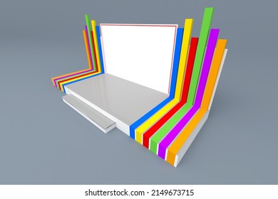 3d Illustration Stand Booth Colorful Wing With Blank LED TV Screen Logo Company For Virtual Studio Event. Image Background Isolated.